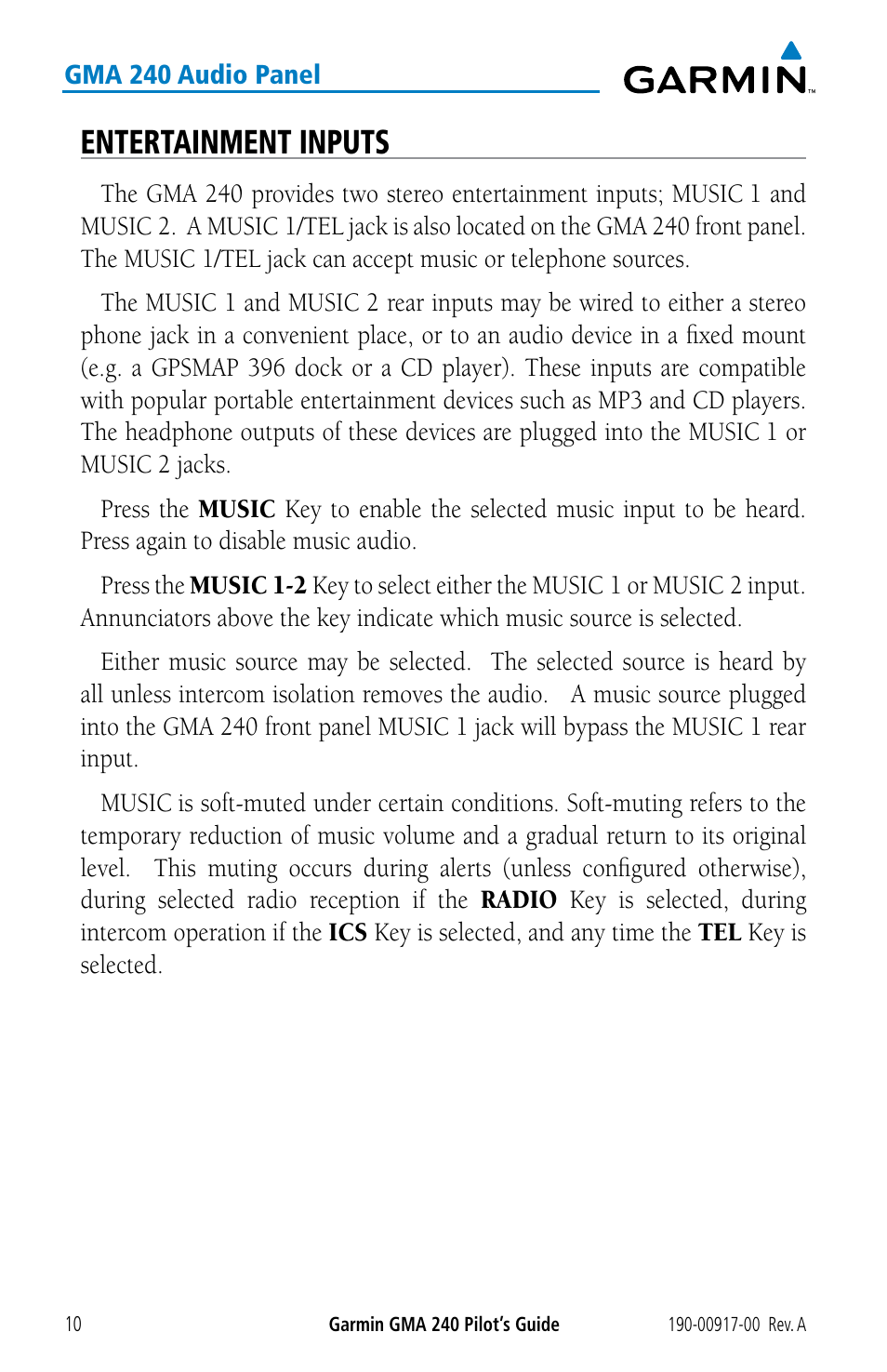 Entertainment inputs | Garmin GMA 240 User Manual | Page 10 / 12