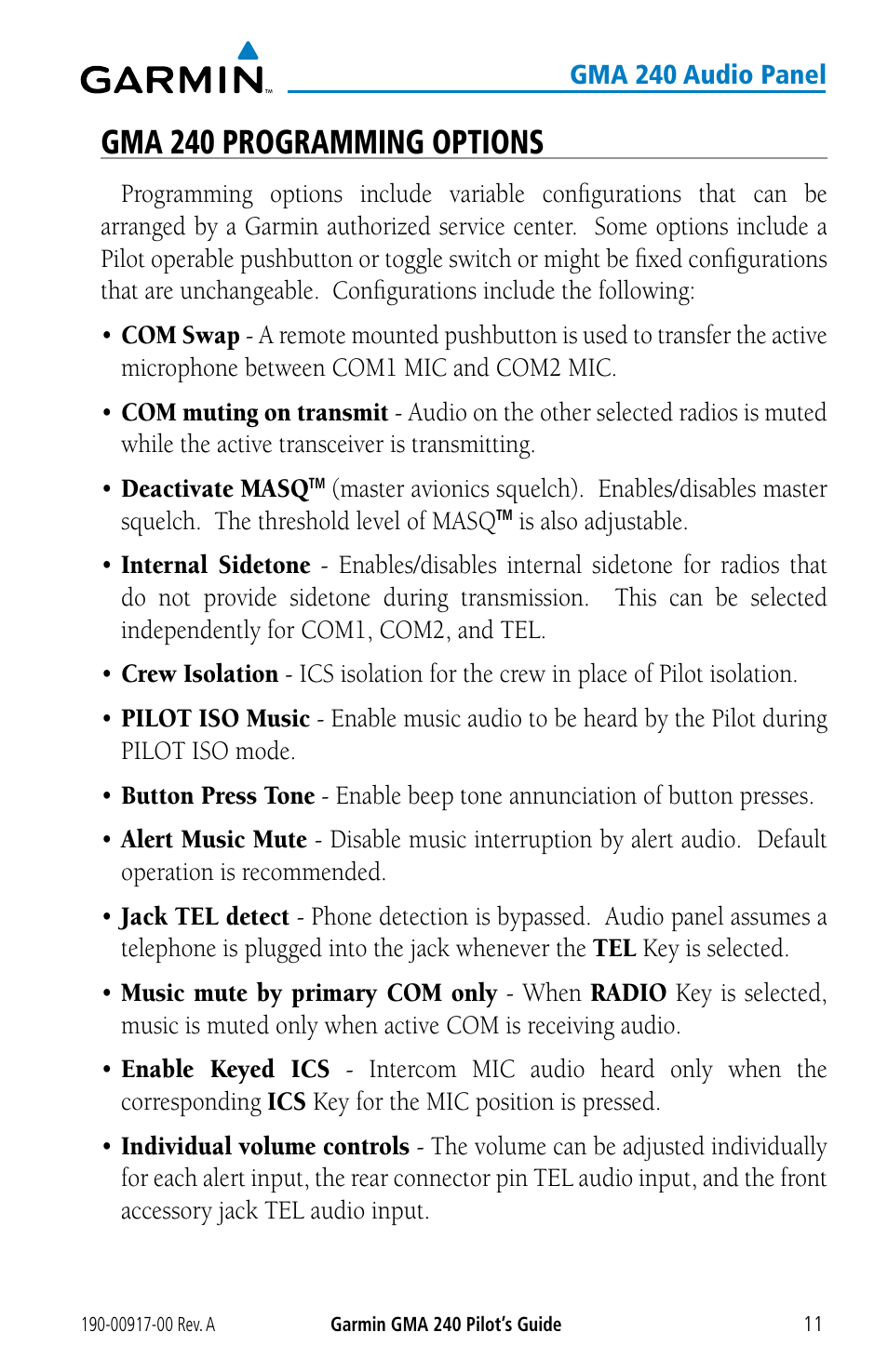 Gma 240 programming options | Garmin GMA 240 User Manual | Page 11 / 12