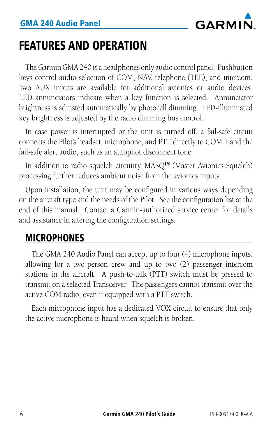 Features and operation, Microphones | Garmin GMA 240 User Manual | Page 6 / 12