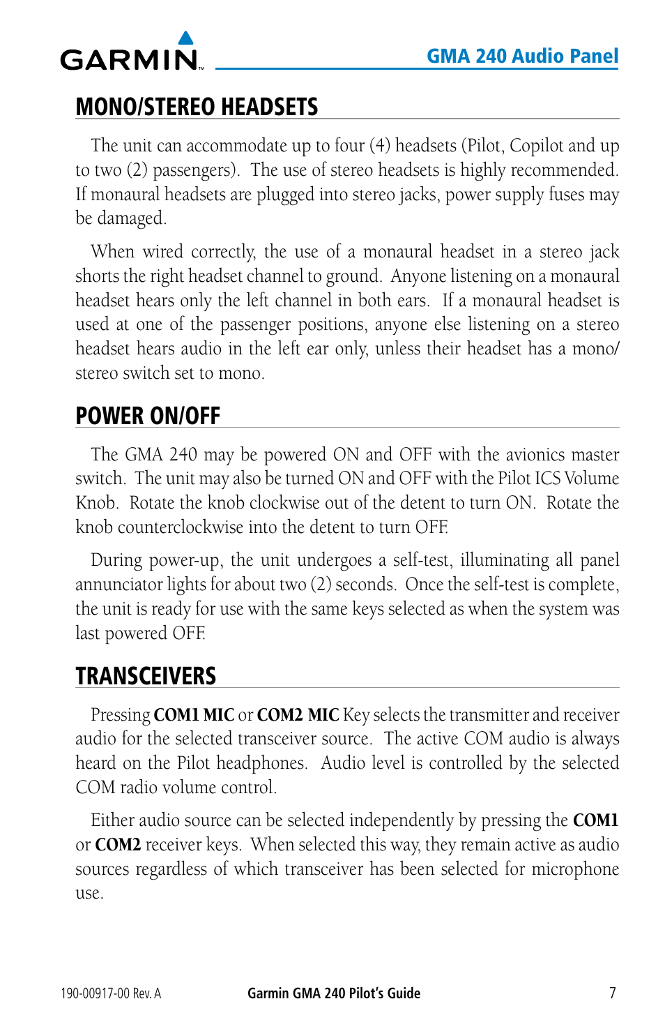 Mono/stereo headsets, Power on/off, Transceivers | Garmin GMA 240 User Manual | Page 7 / 12