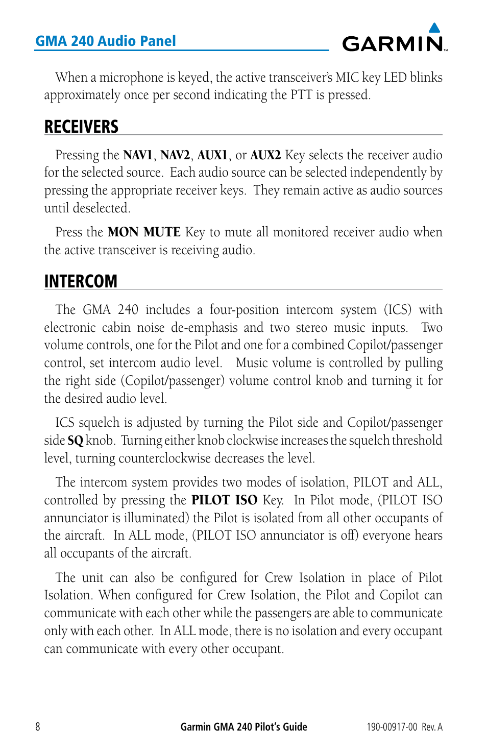 Receivers, Intercom | Garmin GMA 240 User Manual | Page 8 / 12