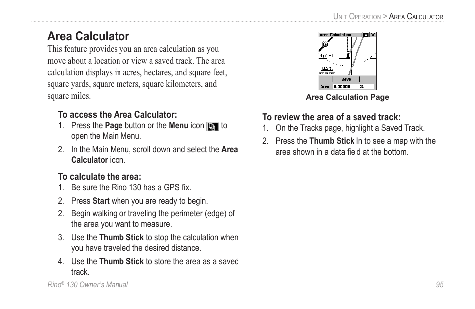 Area calculator | Garmin rino130 User Manual | Page 101 / 132