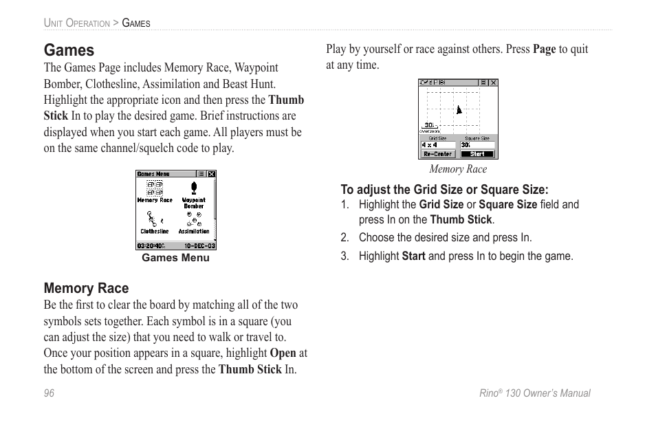 Games, Memory race | Garmin rino130 User Manual | Page 102 / 132