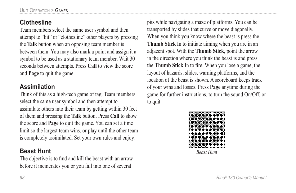 Clothesline, Assimilation, Beast hunt | Garmin rino130 User Manual | Page 104 / 132