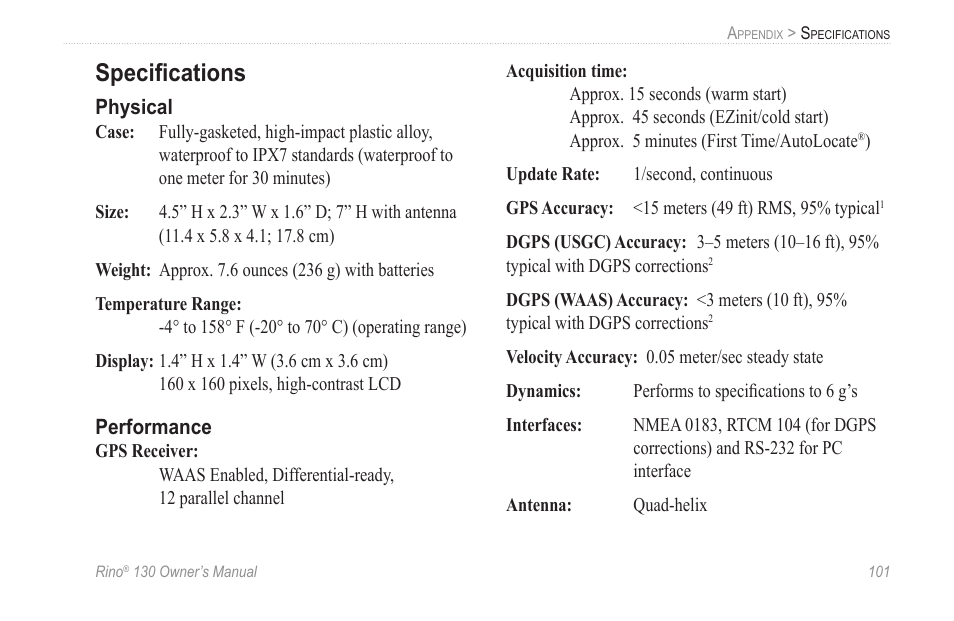 Specifications, Physical, Performance | Speciﬁcations | Garmin rino130 User Manual | Page 107 / 132