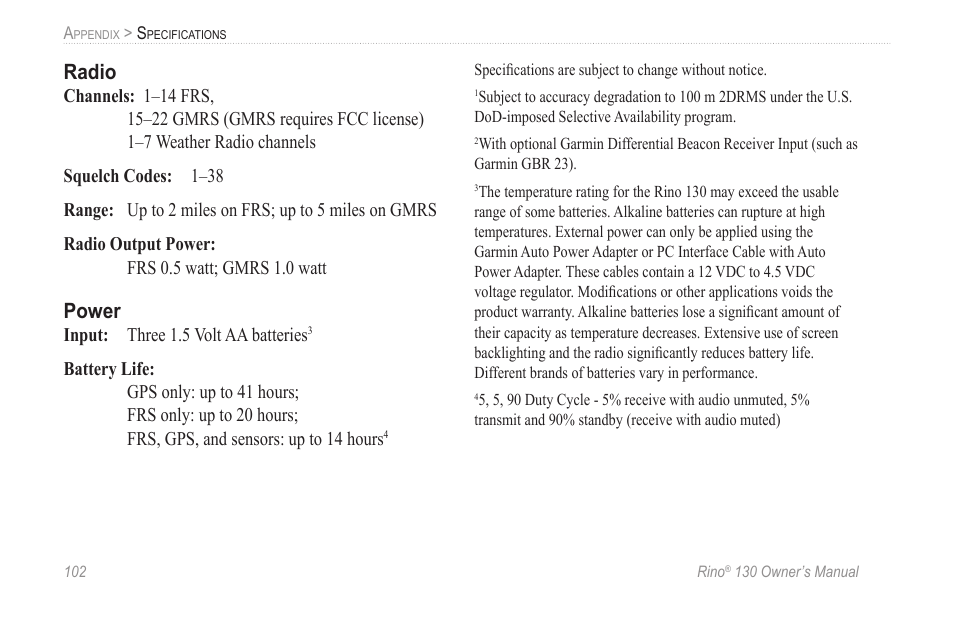 Radio, Power | Garmin rino130 User Manual | Page 108 / 132