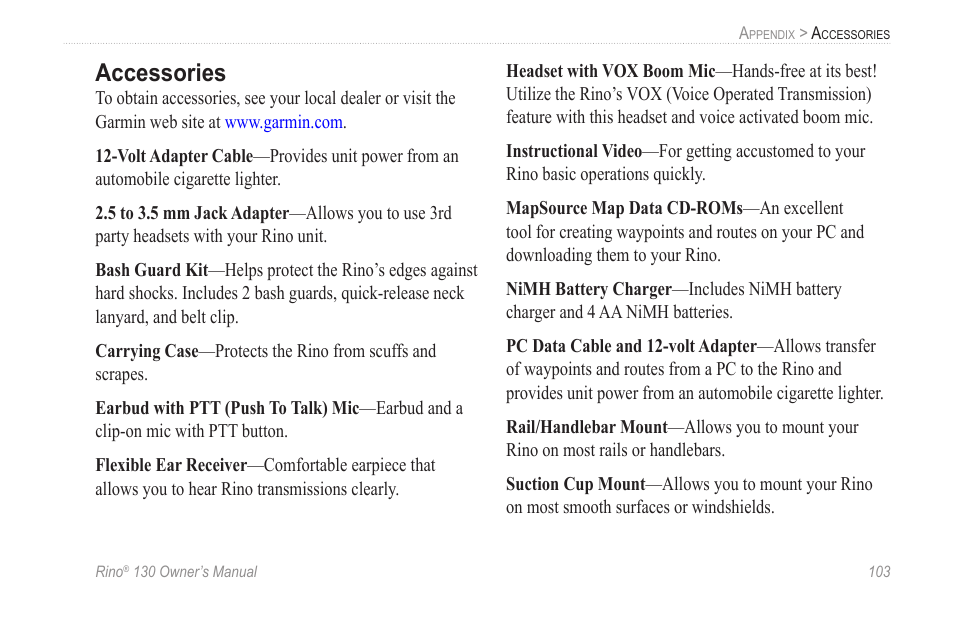 Accessories | Garmin rino130 User Manual | Page 109 / 132