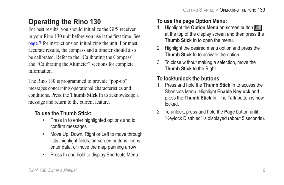 Operating the rino 130 | Garmin rino130 User Manual | Page 11 / 132