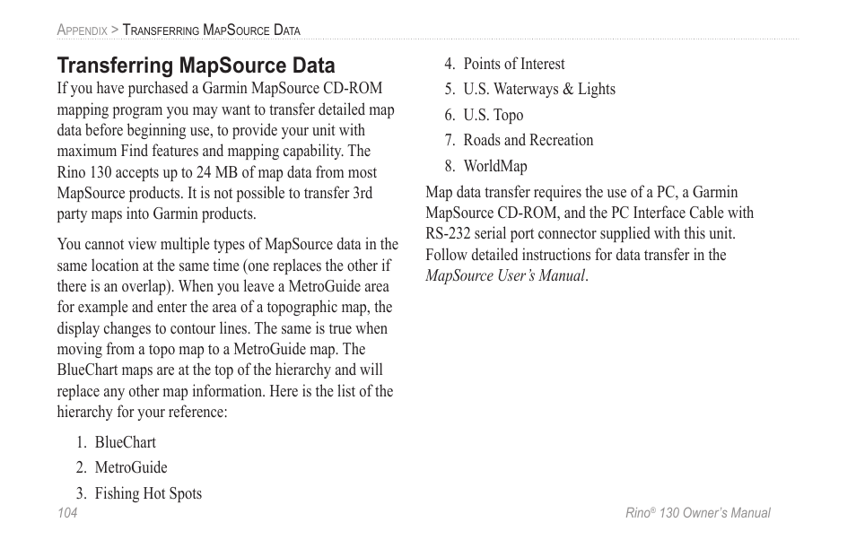 Transferring mapsource data | Garmin rino130 User Manual | Page 110 / 132