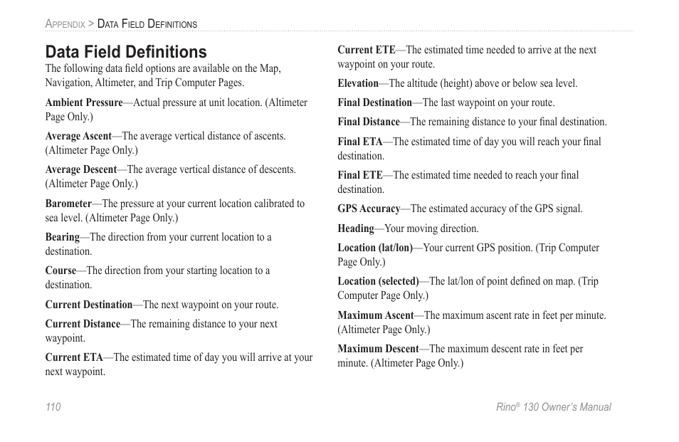 Data field definitions, Data field deﬁnitions | Garmin rino130 User Manual | Page 116 / 132