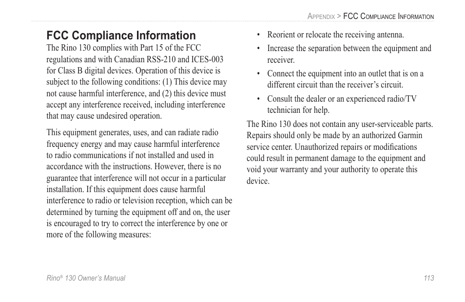 Fcc compliance information | Garmin rino130 User Manual | Page 119 / 132