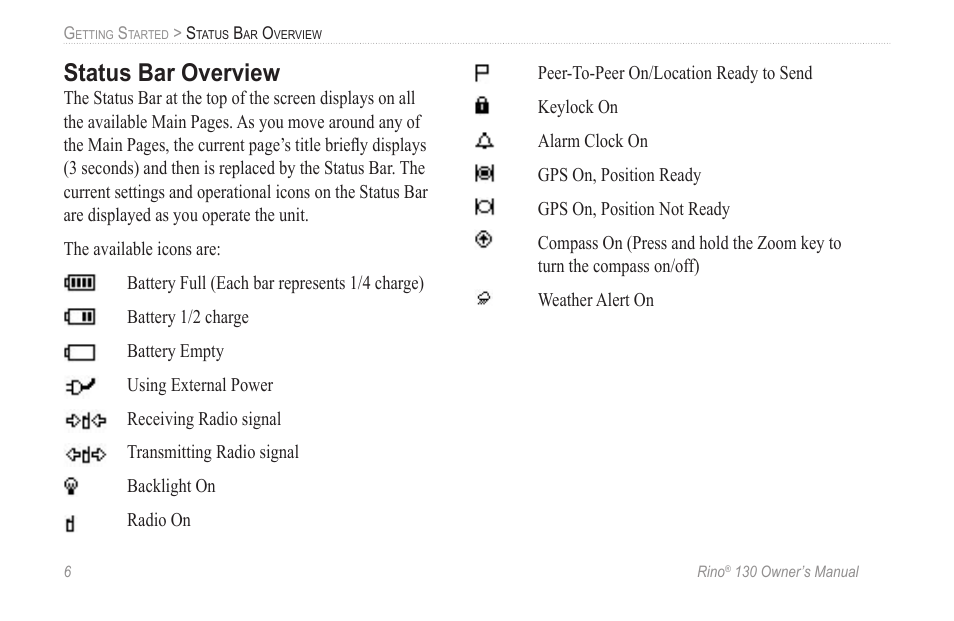 Status bar overview | Garmin rino130 User Manual | Page 12 / 132