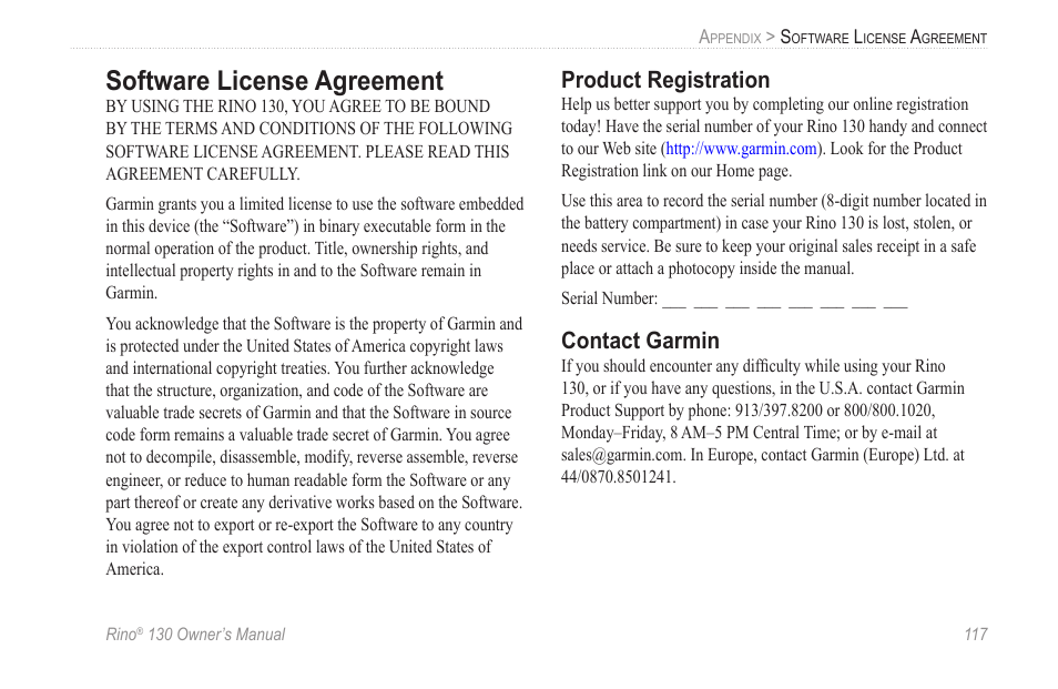 Software license agreement, Product registration, Contact garmin | Garmin rino130 User Manual | Page 123 / 132