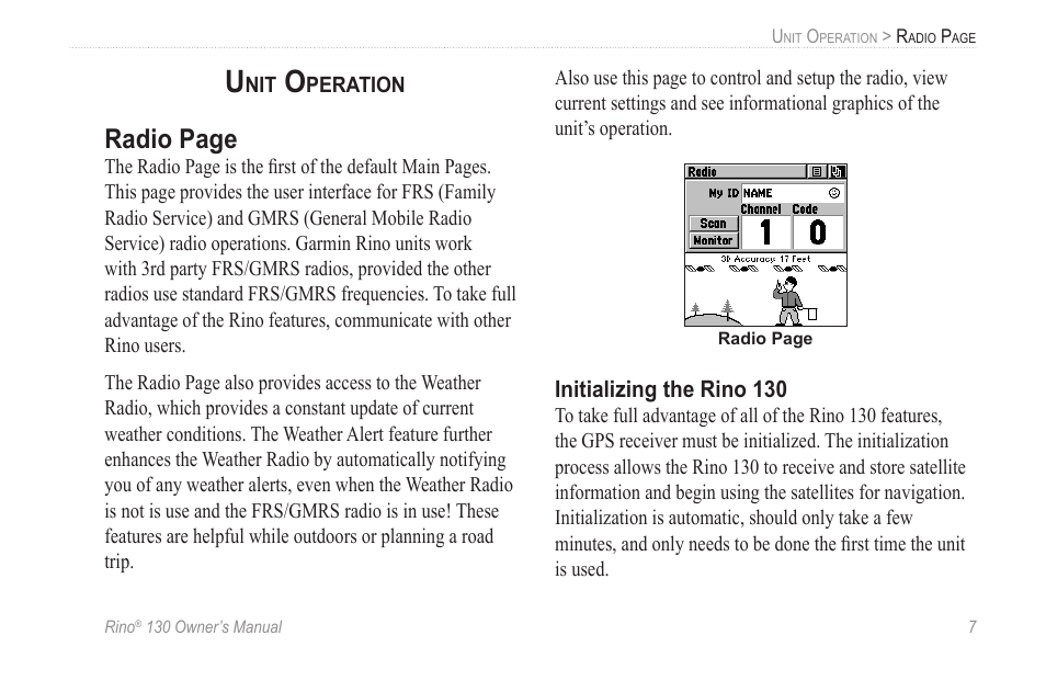 Unit operation, Initializing the rino 130, Radio page | Garmin rino130 User Manual | Page 13 / 132