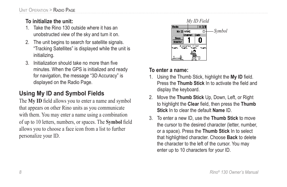 Using my id and symbol fields | Garmin rino130 User Manual | Page 14 / 132