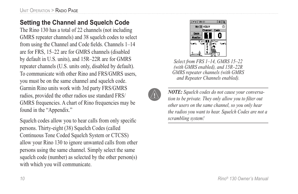 Setting the channel and squelch code | Garmin rino130 User Manual | Page 16 / 132