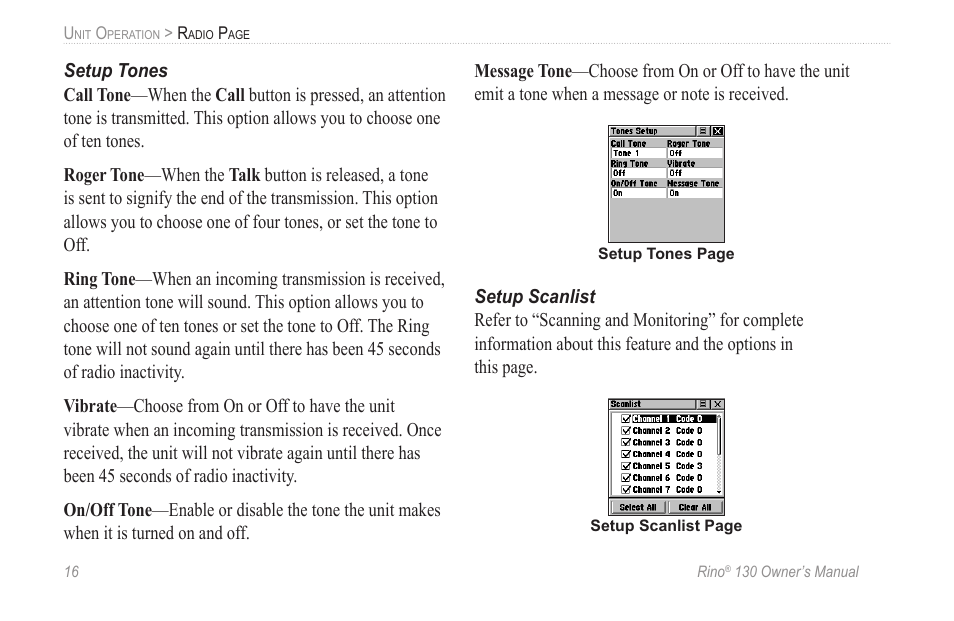 Setup tones, Setup scanlist | Garmin rino130 User Manual | Page 22 / 132