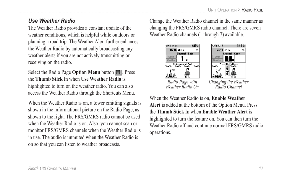 Use weather radio | Garmin rino130 User Manual | Page 23 / 132