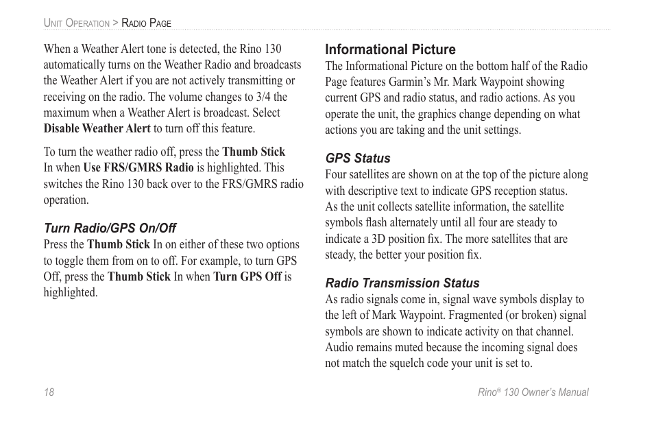 Turn radio/gps on/off, Informational picture, Gps status | Radio transmission status | Garmin rino130 User Manual | Page 24 / 132