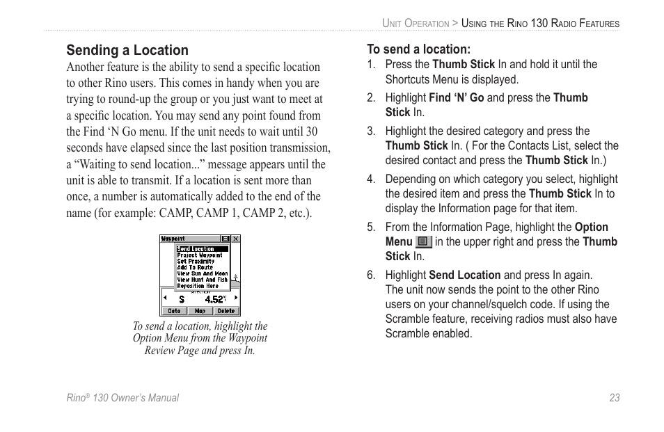 Sending a location | Garmin rino130 User Manual | Page 29 / 132