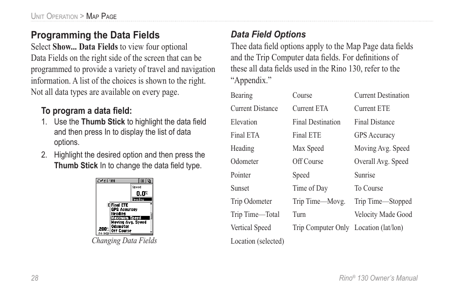 Programming the data fields | Garmin rino130 User Manual | Page 34 / 132