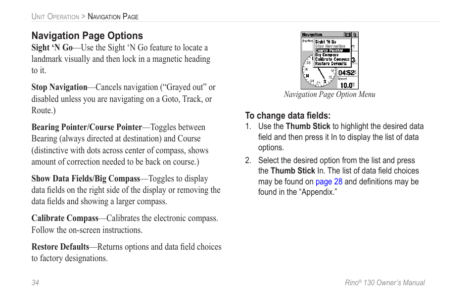 Navigation page options | Garmin rino130 User Manual | Page 40 / 132