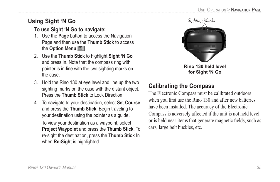 Using sight ‘n go, Calibrating the compass | Garmin rino130 User Manual | Page 41 / 132