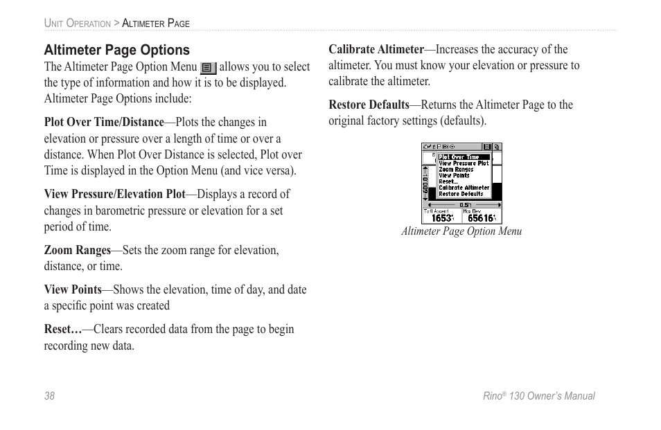 Altimeter page options | Garmin rino130 User Manual | Page 44 / 132