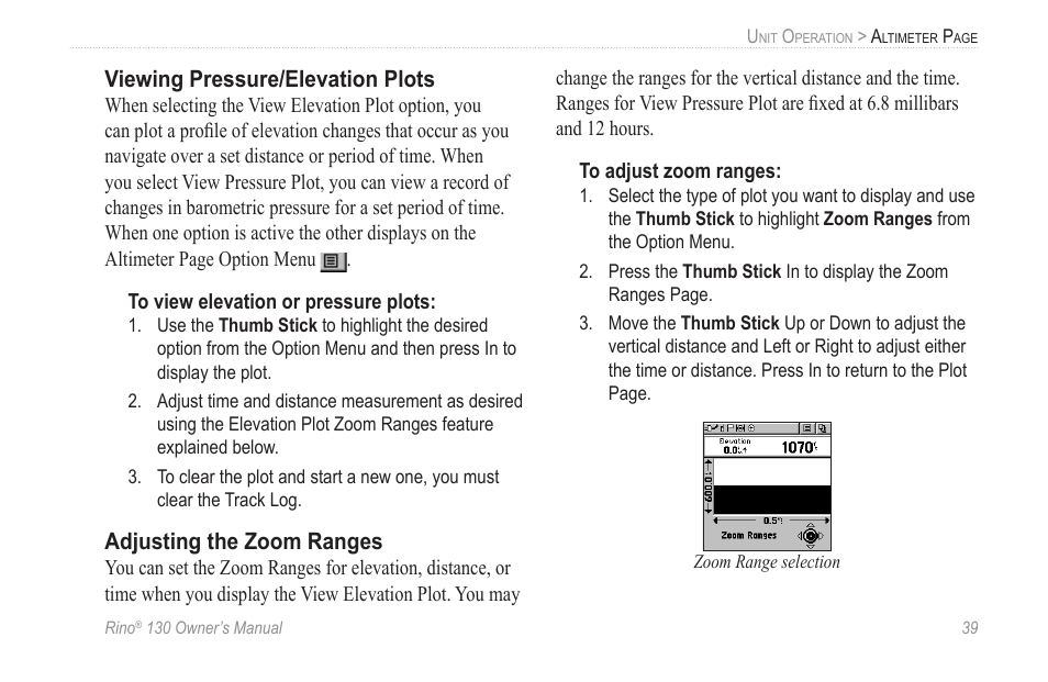 Viewing pressure/elevation plots, Adjusting the zoom ranges | Garmin rino130 User Manual | Page 45 / 132