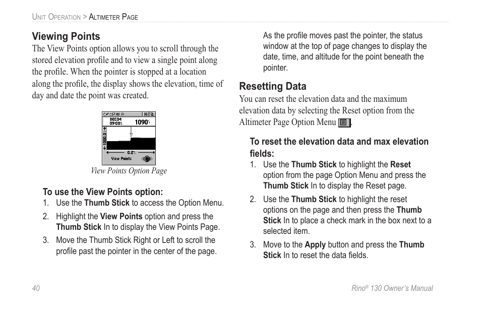 Viewing points, Resetting data | Garmin rino130 User Manual | Page 46 / 132