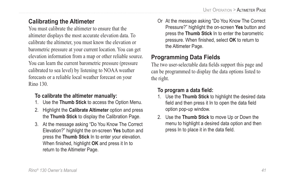 Calibrating the altimeter, Programming data fields | Garmin rino130 User Manual | Page 47 / 132