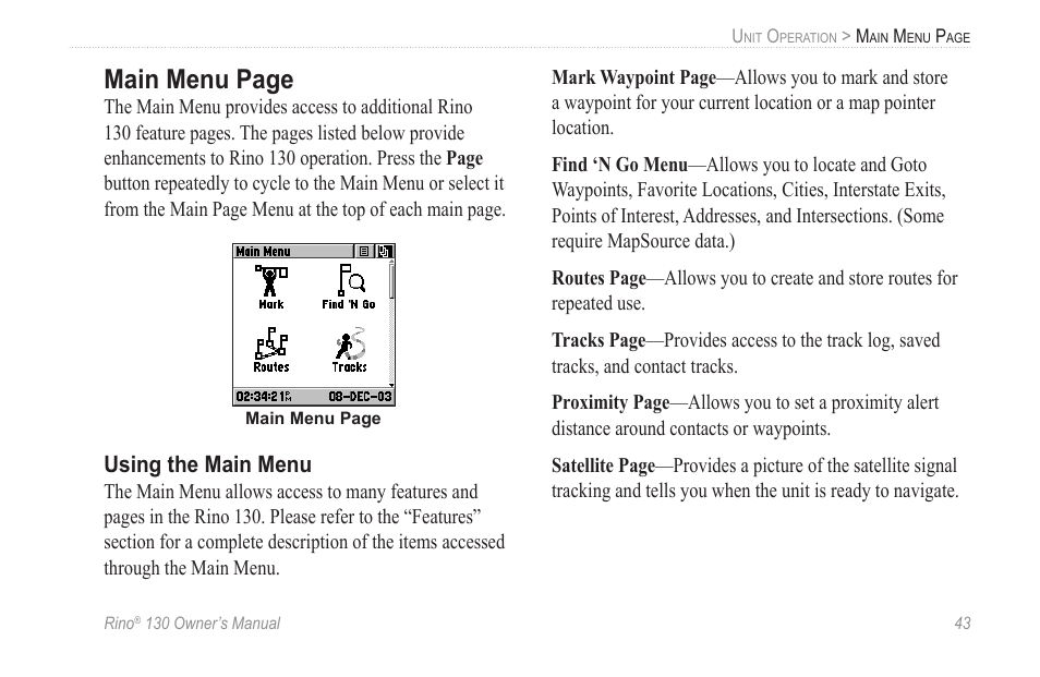 Using the main menu, Main menu page | Garmin rino130 User Manual | Page 49 / 132