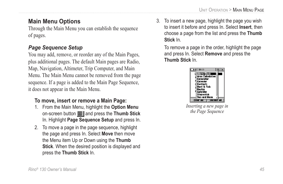 Main menu options | Garmin rino130 User Manual | Page 51 / 132