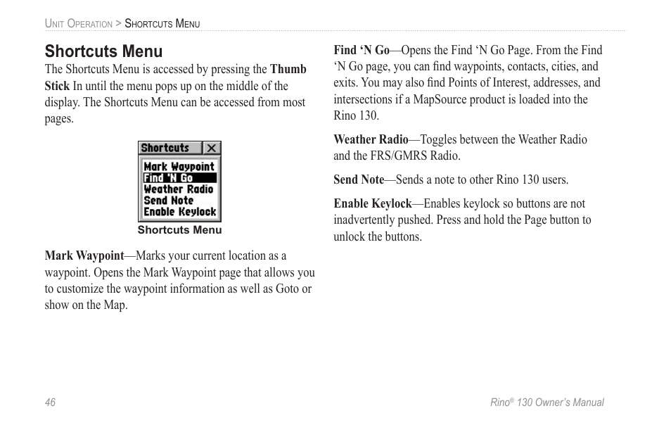 Shortcuts menu | Garmin rino130 User Manual | Page 52 / 132