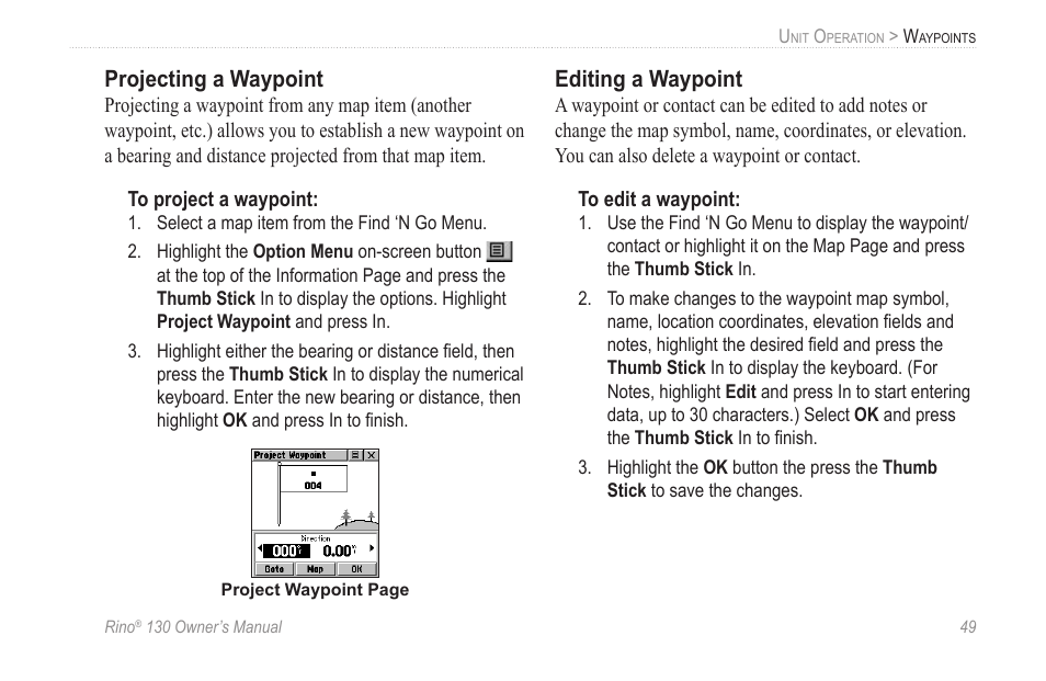 Projecting a waypoint, Editing a waypoint | Garmin rino130 User Manual | Page 55 / 132