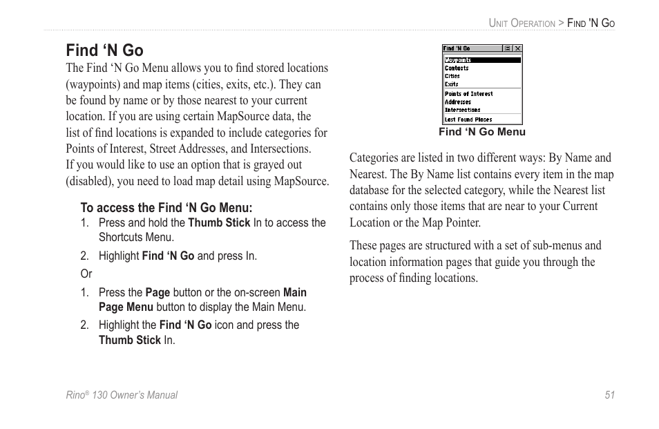 Find ‘n go | Garmin rino130 User Manual | Page 57 / 132