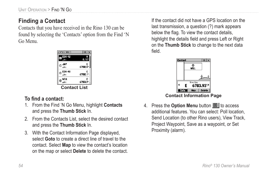 Finding a contact | Garmin rino130 User Manual | Page 60 / 132