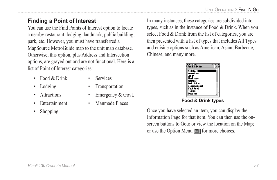 Finding a point of interest | Garmin rino130 User Manual | Page 63 / 132