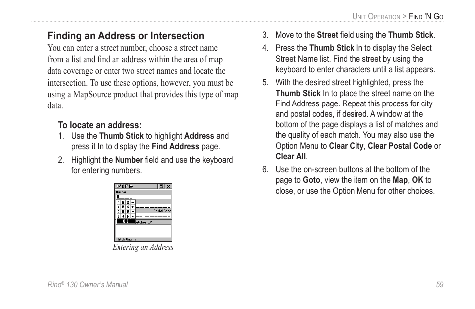 Finding an address or intersection | Garmin rino130 User Manual | Page 65 / 132