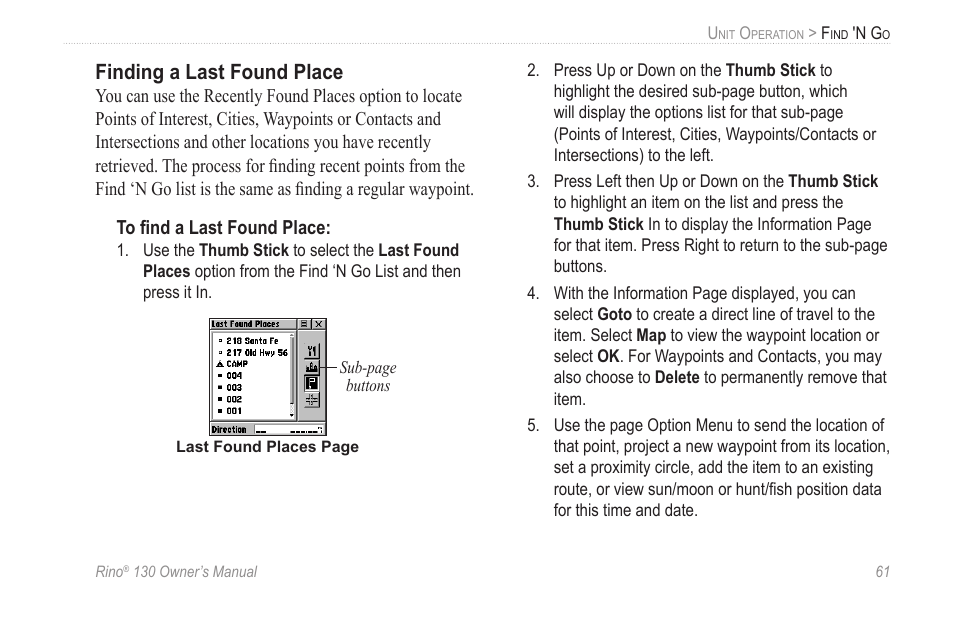 Finding a last found place | Garmin rino130 User Manual | Page 67 / 132