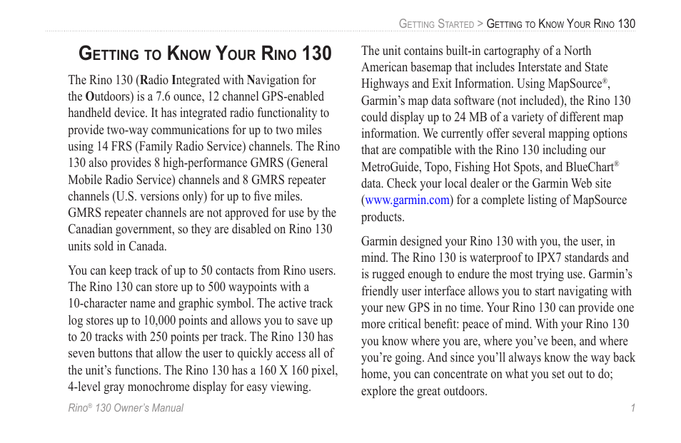 Getting to know your rino 130 | Garmin rino130 User Manual | Page 7 / 132