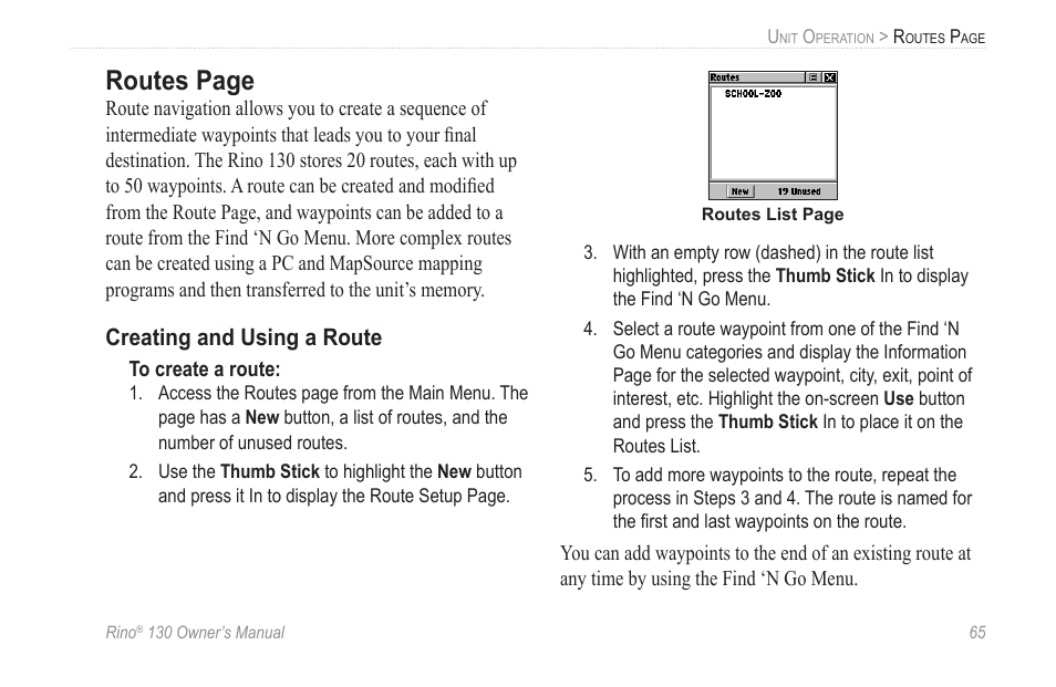 Creating and using a route, Routes page | Garmin rino130 User Manual | Page 71 / 132