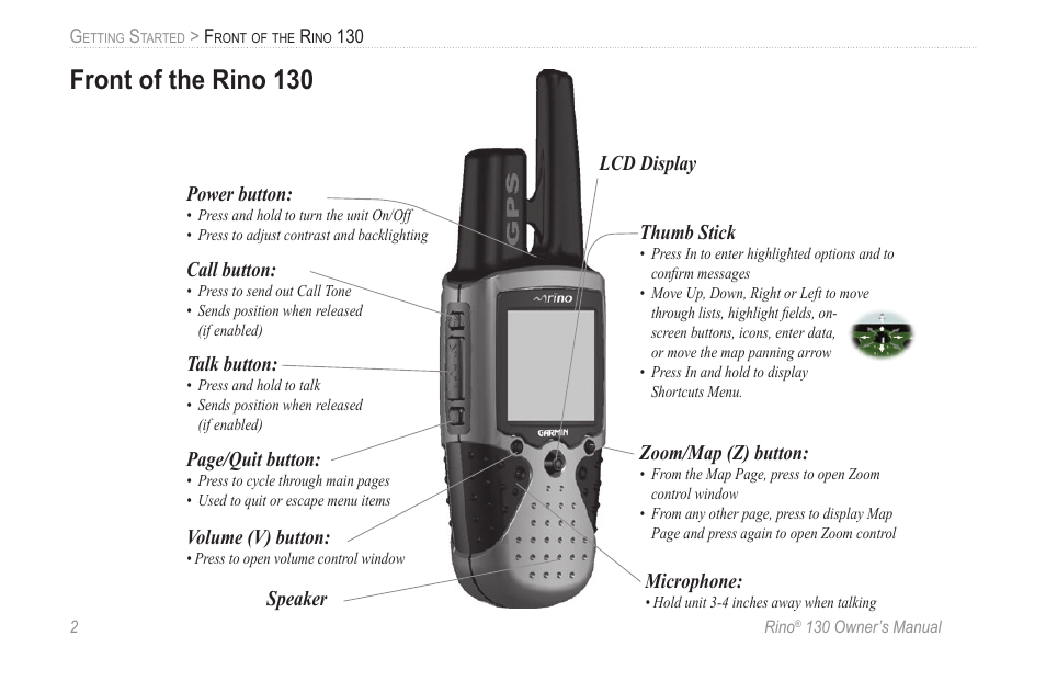 Front of the rino 130 | Garmin rino130 User Manual | Page 8 / 132