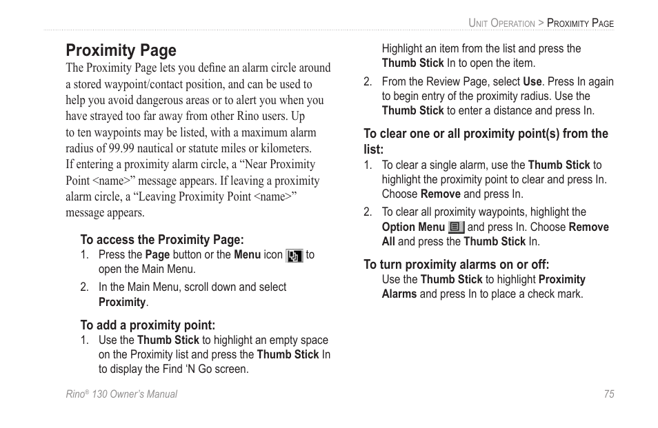 Proximity page | Garmin rino130 User Manual | Page 81 / 132