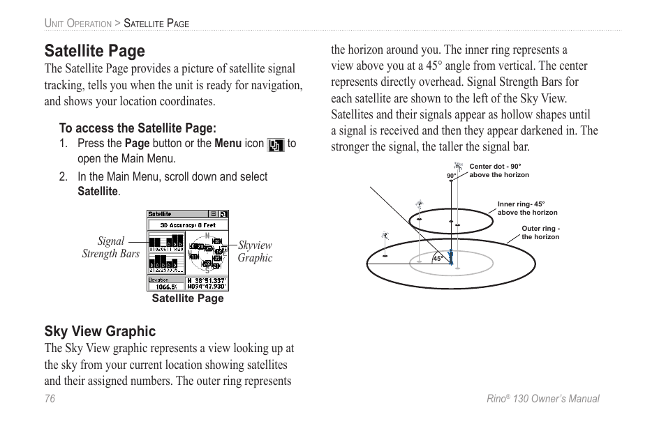 Sky view graphic, Satellite page | Garmin rino130 User Manual | Page 82 / 132