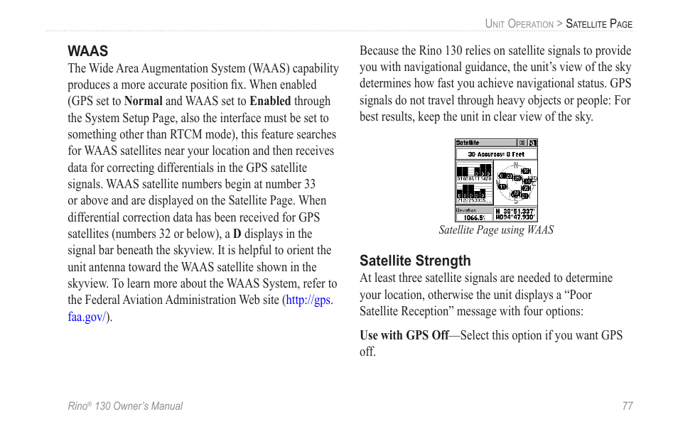 Waas, Satellite strength | Garmin rino130 User Manual | Page 83 / 132