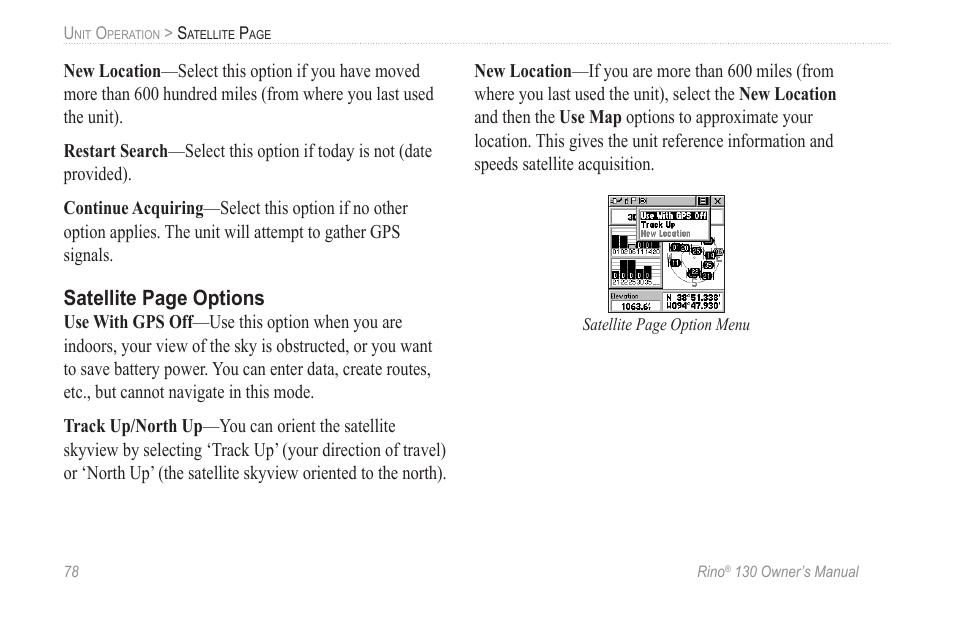 Satellite page options | Garmin rino130 User Manual | Page 84 / 132