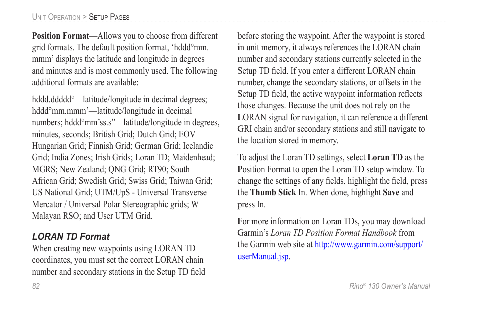 Loran td format | Garmin rino130 User Manual | Page 88 / 132