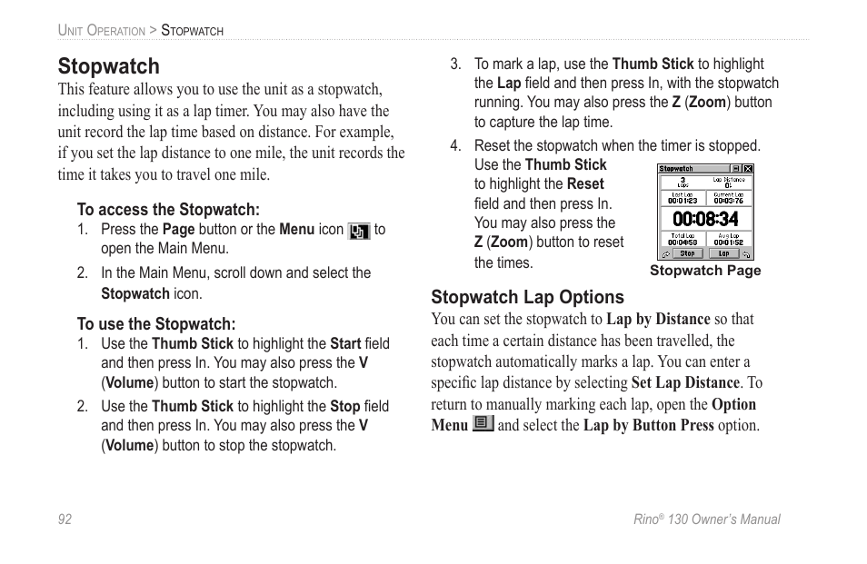 Stopwatch, Stopwatch lap options | Garmin rino130 User Manual | Page 98 / 132