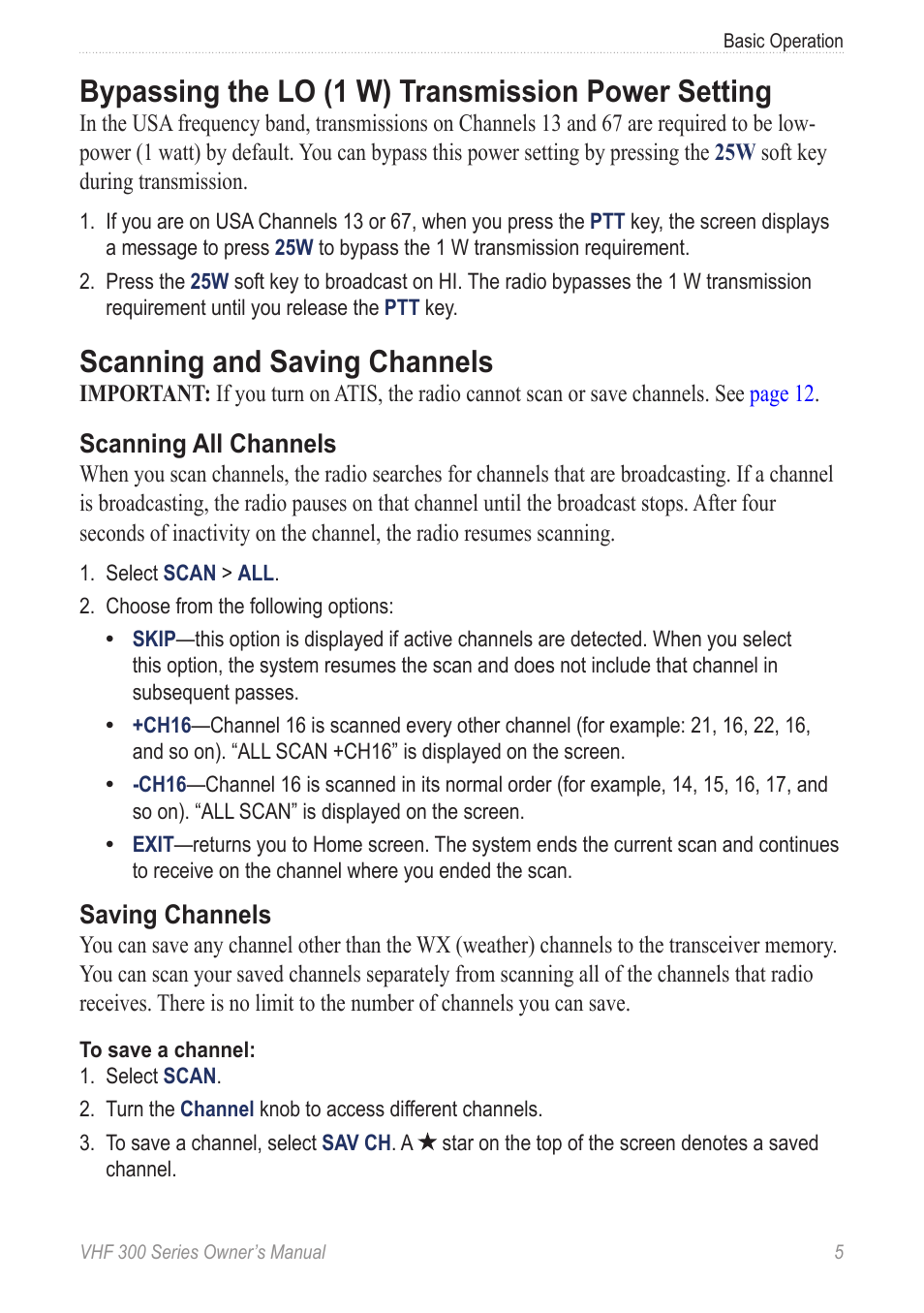Bypassing the lo (1 w) transmission power setting, Scanning and saving channels, Scanning all channels | Saving channels | Garmin 190-01098-00 User Manual | Page 11 / 62